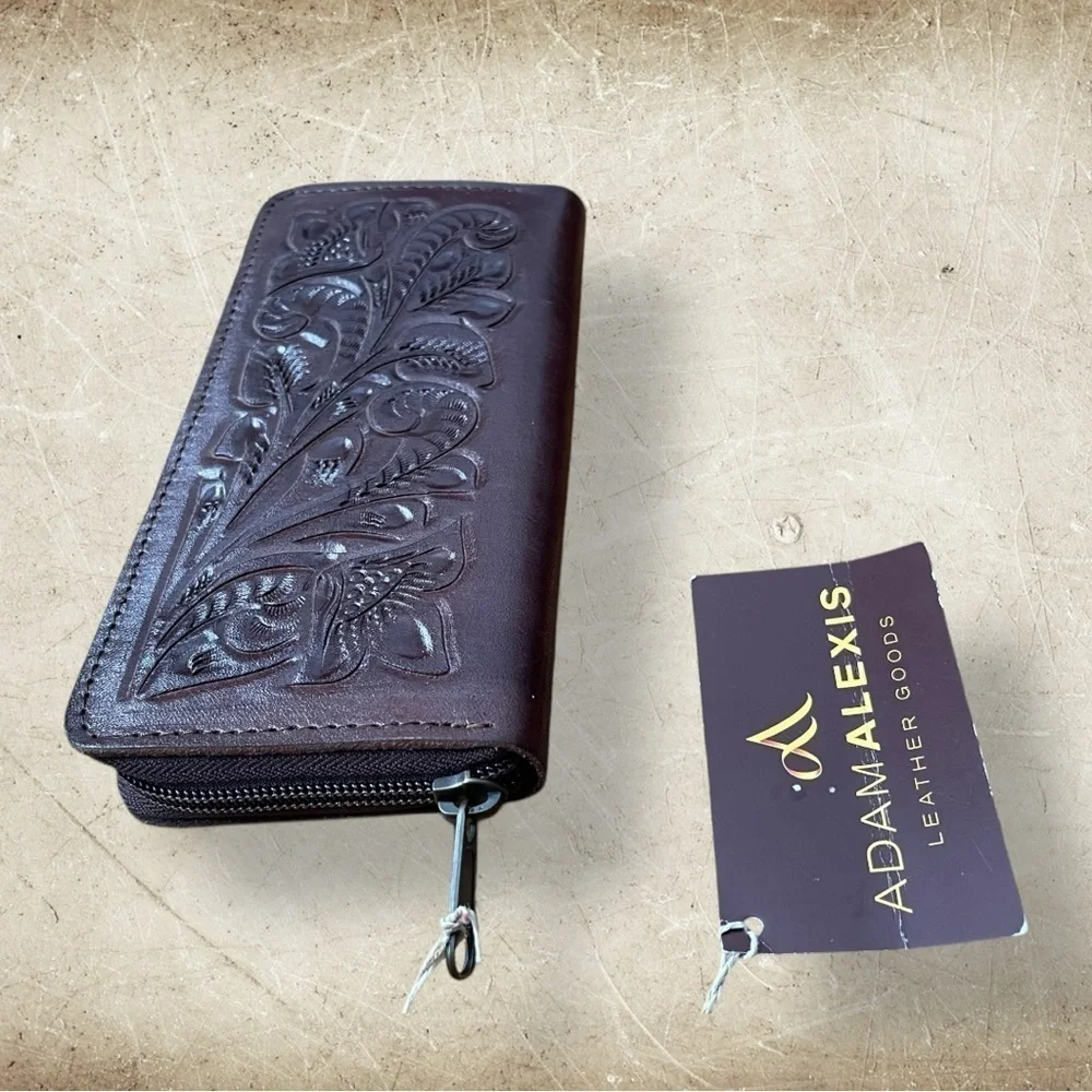 ADAMAlexis NWT Hand Tooled Brown Leather Zip Around Wallet
